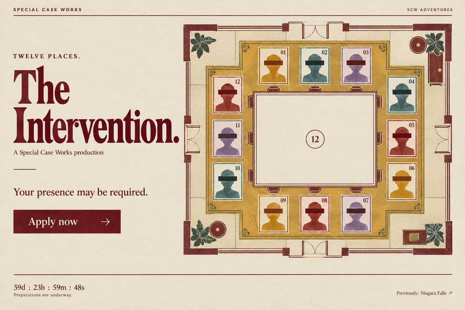 Twelve anonymous guest cards arranged around a table in a vintage game-board floor plan