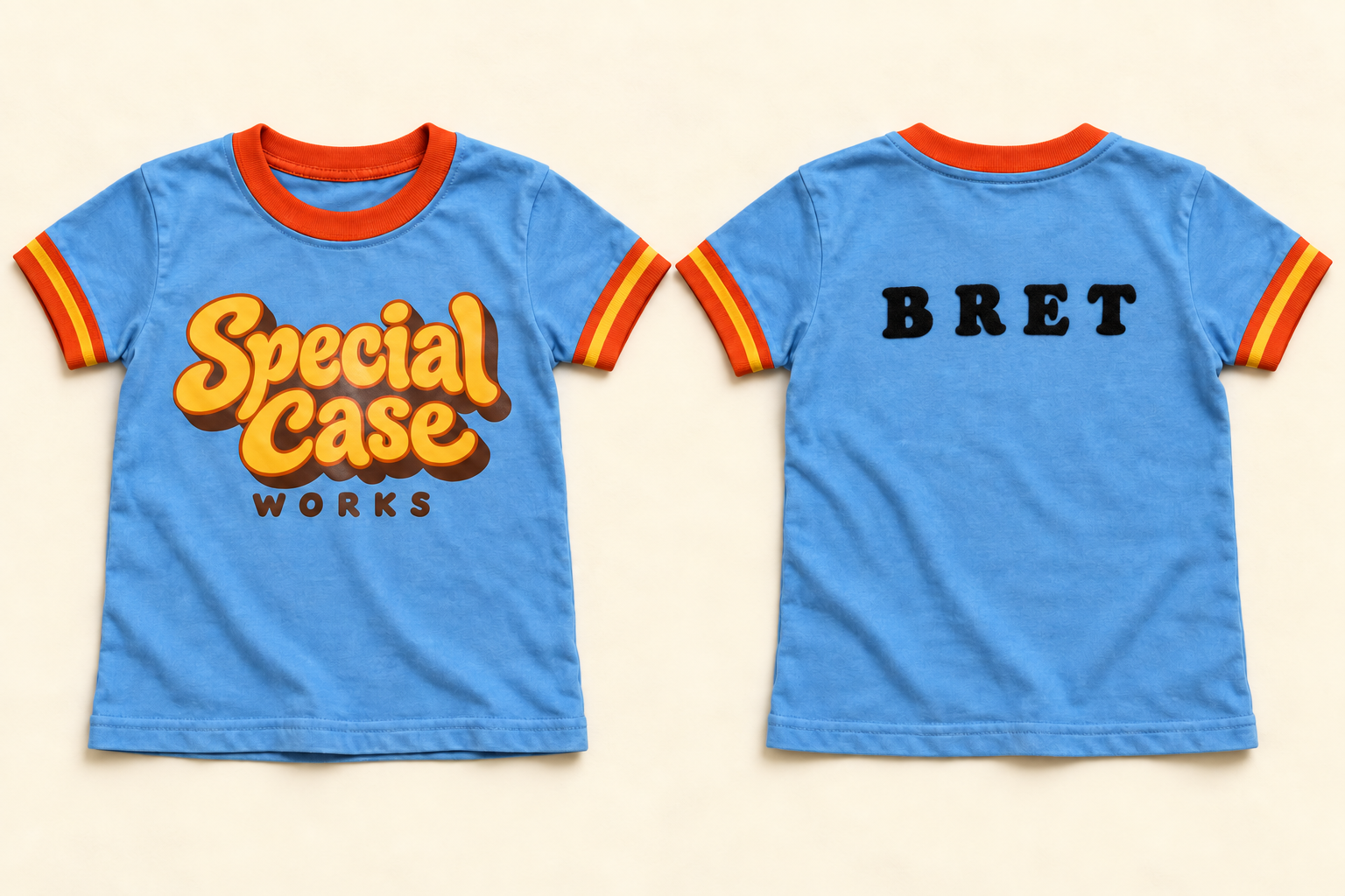 A bright blue retro ringer shirt with orange trim and the Special Case logo